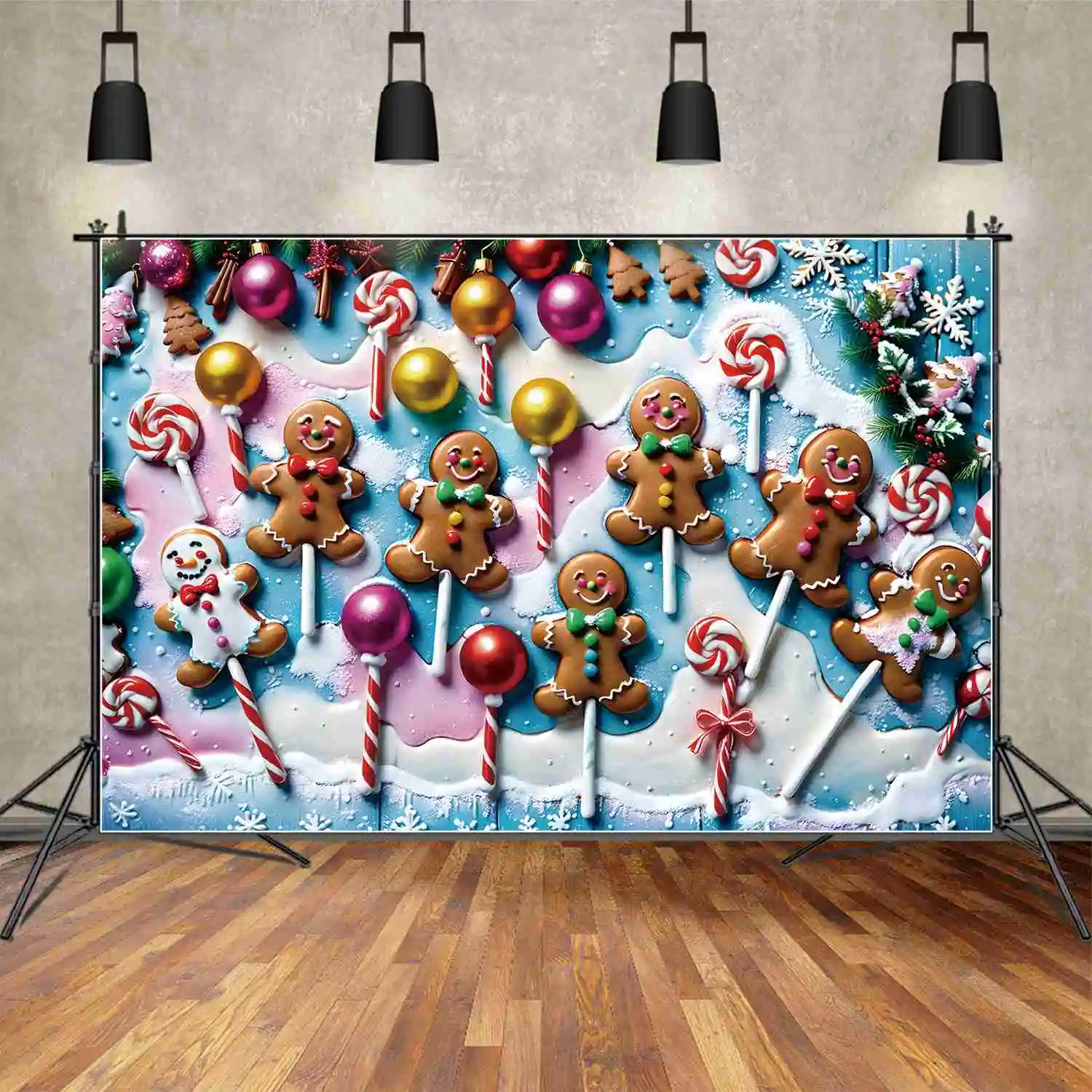 Moon.Qg Fondale Baby Christmas Photography Background Gingerbread Man Snowflake Tree Pine Ball Stampch Decor Puntelli Accessori