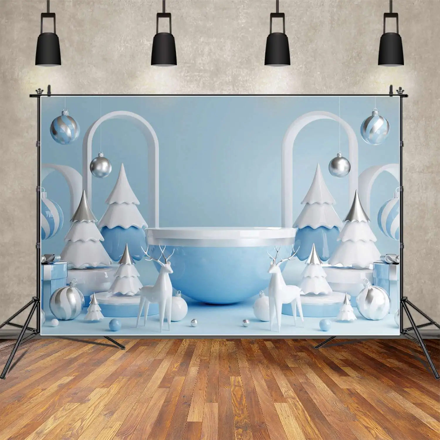 Moon.Qg Fondale Blue Christmas Party Stage Frame Photography Photo Booth Sfondo Bambini Snow Tree Ball Decorazione Renna