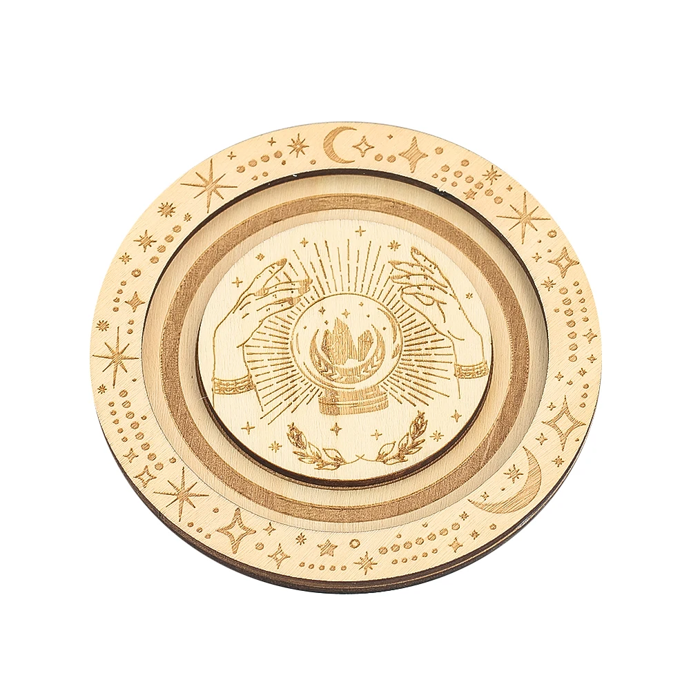 Laser Carve Stars Moon Crescent Hands Stregoneria Crystal Ball Round Wood Crafts Energy Reiki Charms Bracciale Jewelry Storage Disk