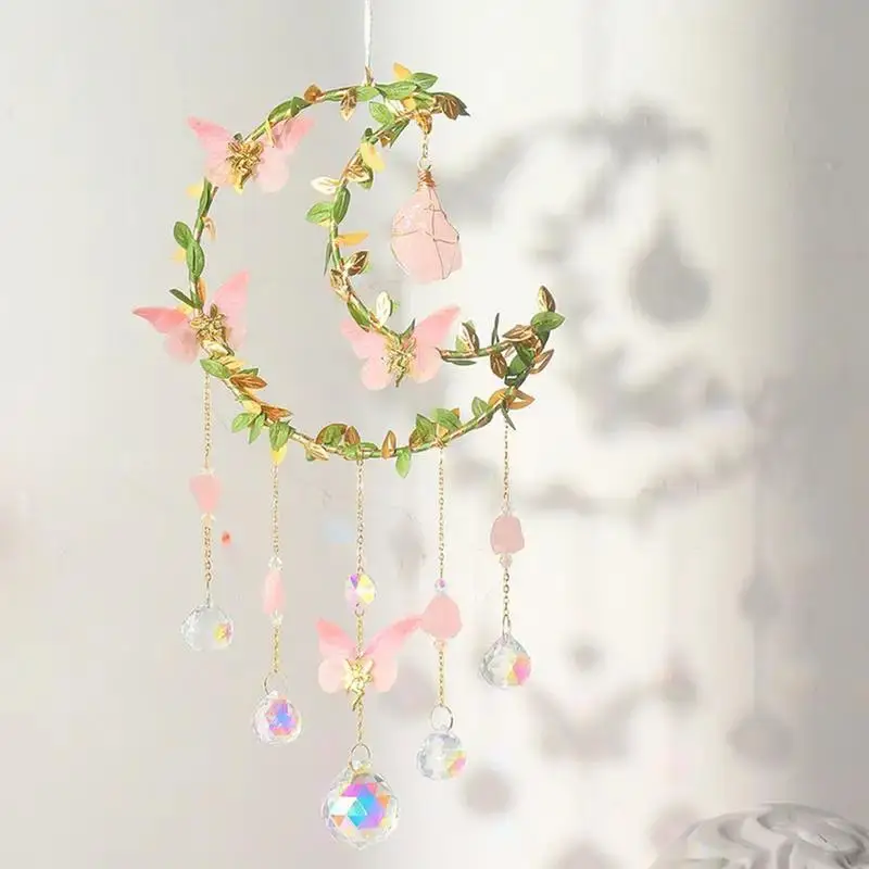 Sun Catcher Winding Butterfly Leaves Moon Wind Chimes Ciondolo Da Giardino In Cristallo Naturale Decorazione Con Sfera Di Cristallo