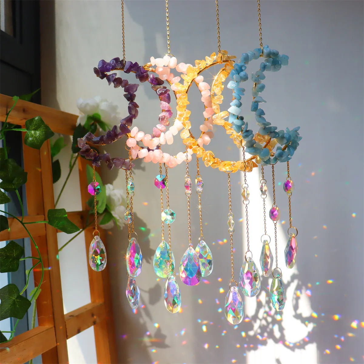 Moon Suncatcher Crystal Prism Natural Stone Ball Sun Catchers Rainbow Maker Home Window Moon Decor Light Catcher Crystal Gift