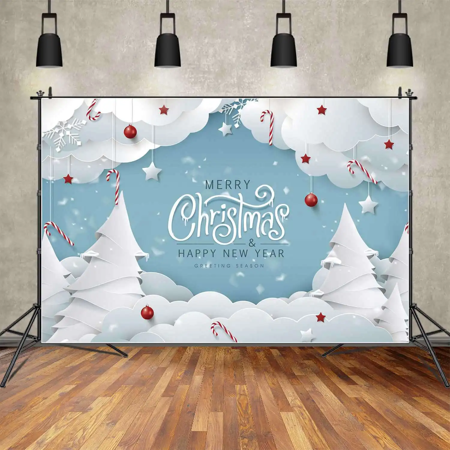 Moon.Qg Fondale Blue Merry Christmas Banner White Snow Tree Decor Sfondo Baby Silver Snowflake Red Ball Star Photo Booth