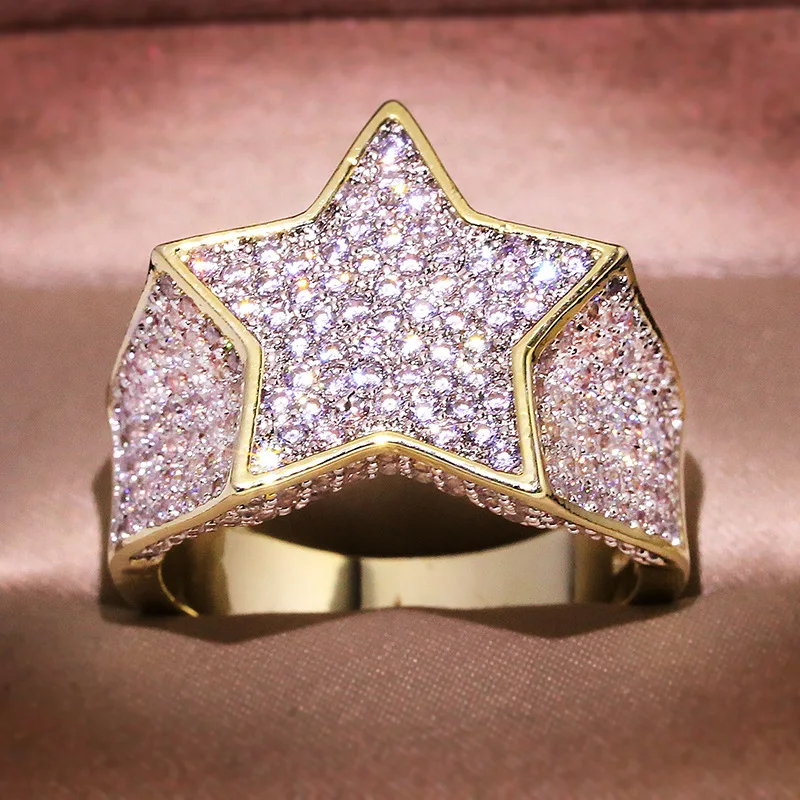 New Gold Bling Hip Hop Big Star Pentagram Ring Con Zircone Stone Ring 925 Stamp For Man Women Wedding Engagement Fashion Jewelry