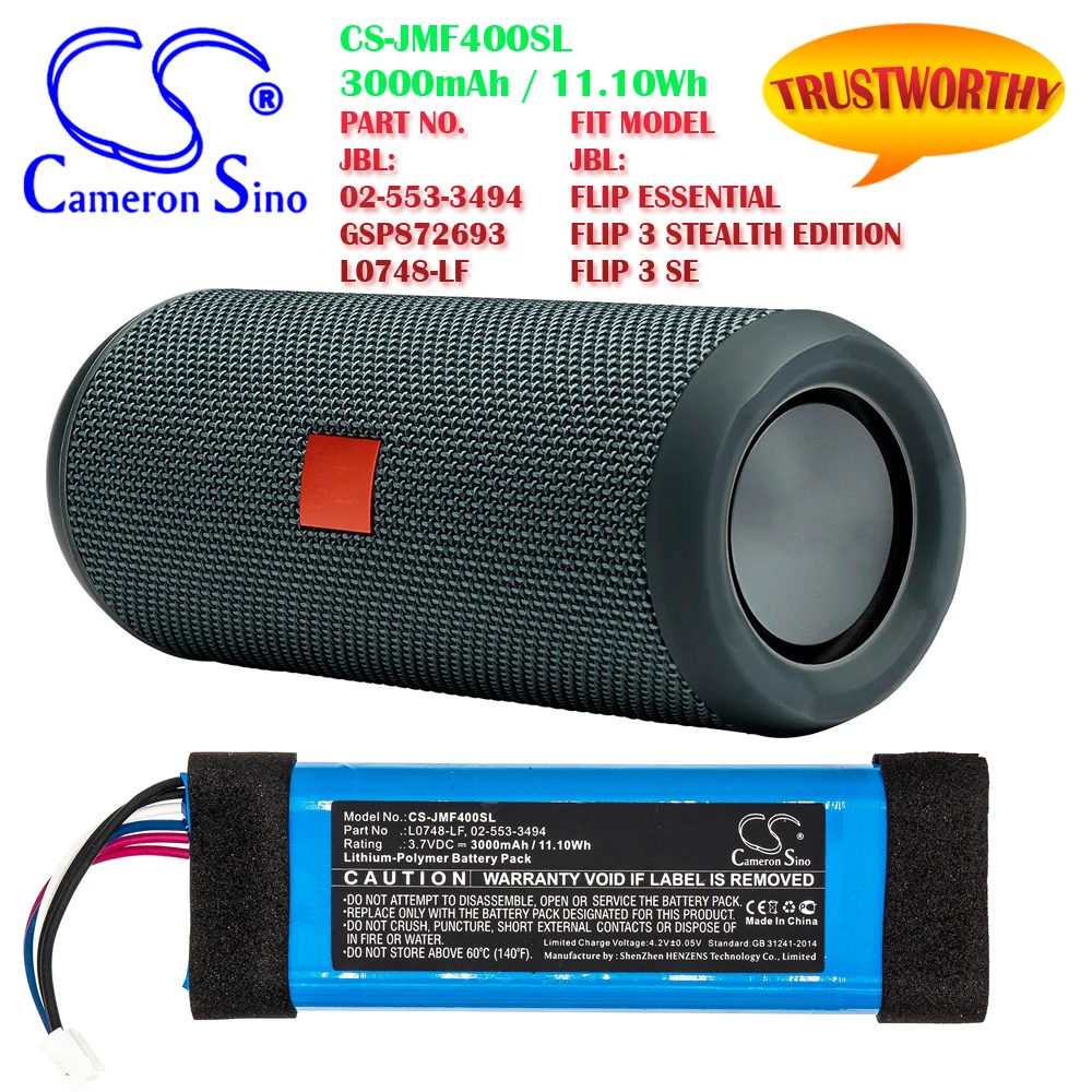 Altoparlante 3000Mah / 11.10 Batteria Per Jbl 02-553-3494 Gsp872693 L0748-Lf Flip Essential Flip 3 Stealth Edition Flip 3 Se