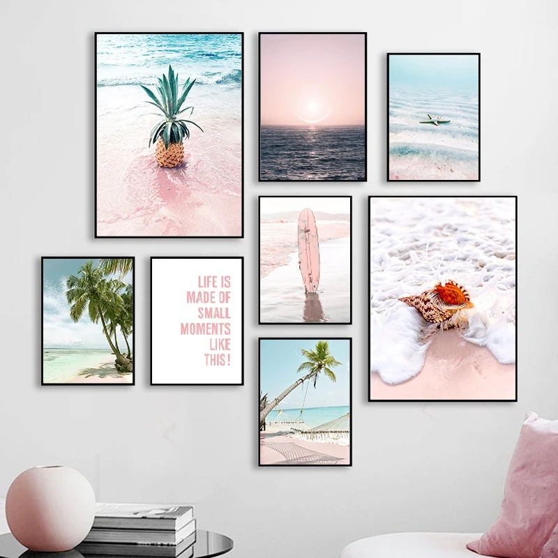Nordic Pink Tropical Love Beach Landscape Poster Shell Conch Picture Wave Plate Palm Tree Canvas Painting Restaurant Decoration