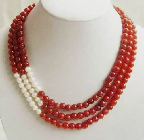 Meravigliose 3 File 8Mm Rosso Nuovo E White Pearl Necklace ^^^@^ Stile Nobile Fine Naturale Jewe Spedizione Gratuita