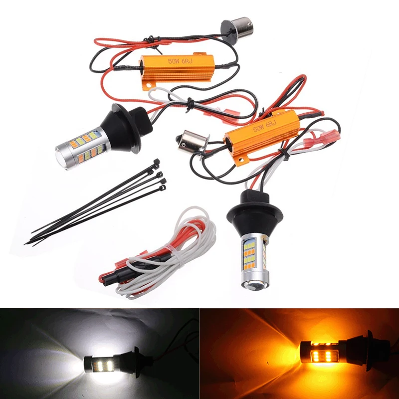 2 Pz Bau15S 1156 Ba15S 3156 T25 T20 7440 42-Led 2835 50W Dual-Color Dual-Color Switchback Drl Indicatore Di Direzione Kit