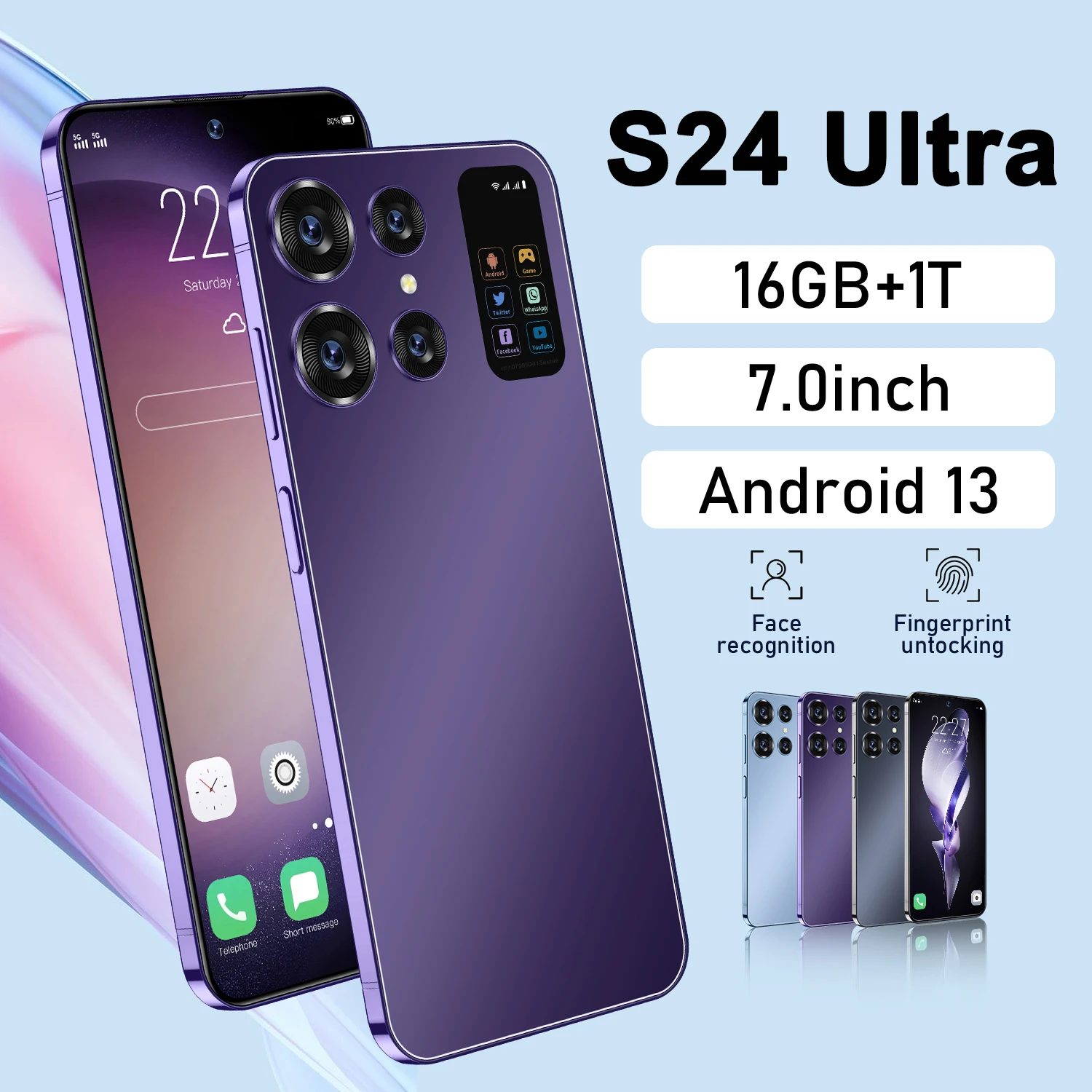 Smartphone S24 Ultra Originale Schermo 7.0Hd 16G + 1Tb 7000Mah Android13 48 + 72Mp Cellulare Dual Sim Face Sbloccato 5G Cellulare