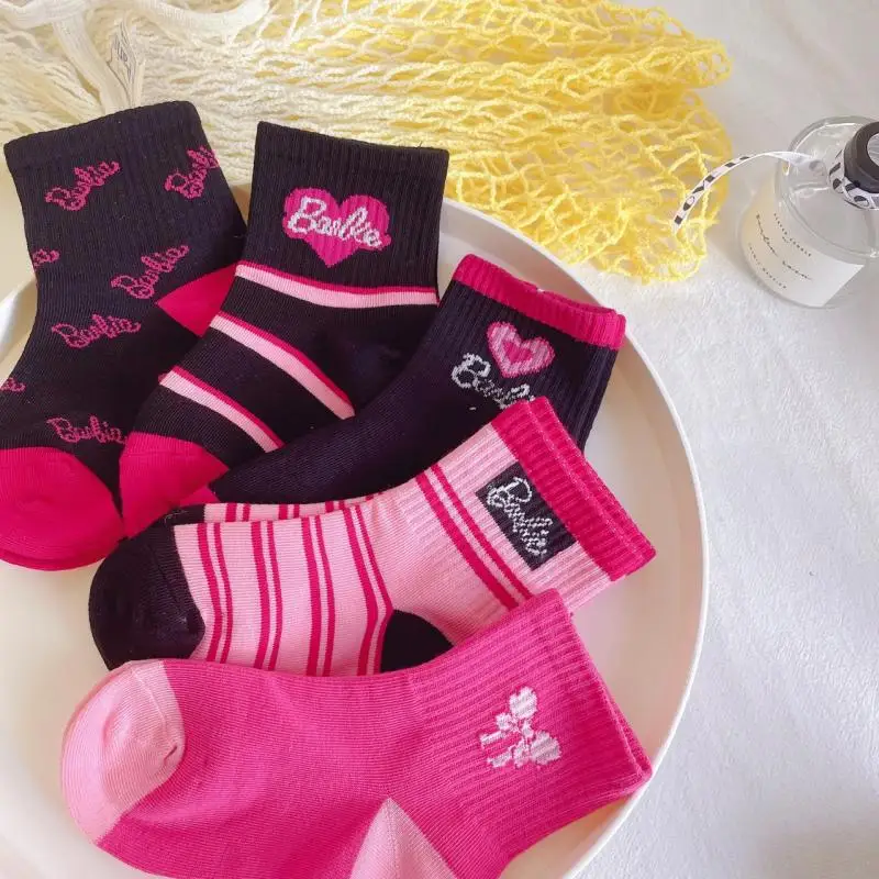 10Pcs New Barbie Pink Ten Color Calzini A Metà Polpaccio Per Bambini Barbie Girls Ricamato Love Stripes Calzini Per La Casa Calzini Barbie Regalo