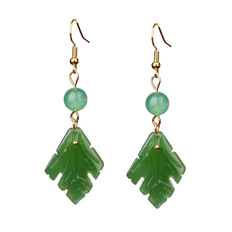 Green Jade Leaf Earrings Amulets Amulet Women Luxury Talismans Carved 925 Silver Gifts Accessories Gift Jewelry Natural Drop