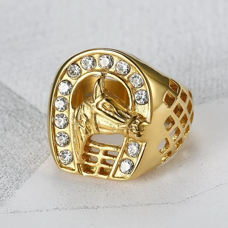 Trend Hollow Horse Head Ring Per Donna Uomo Shiny Strass Color Oro Anello Fashion Party Banquet Jewelry Gift