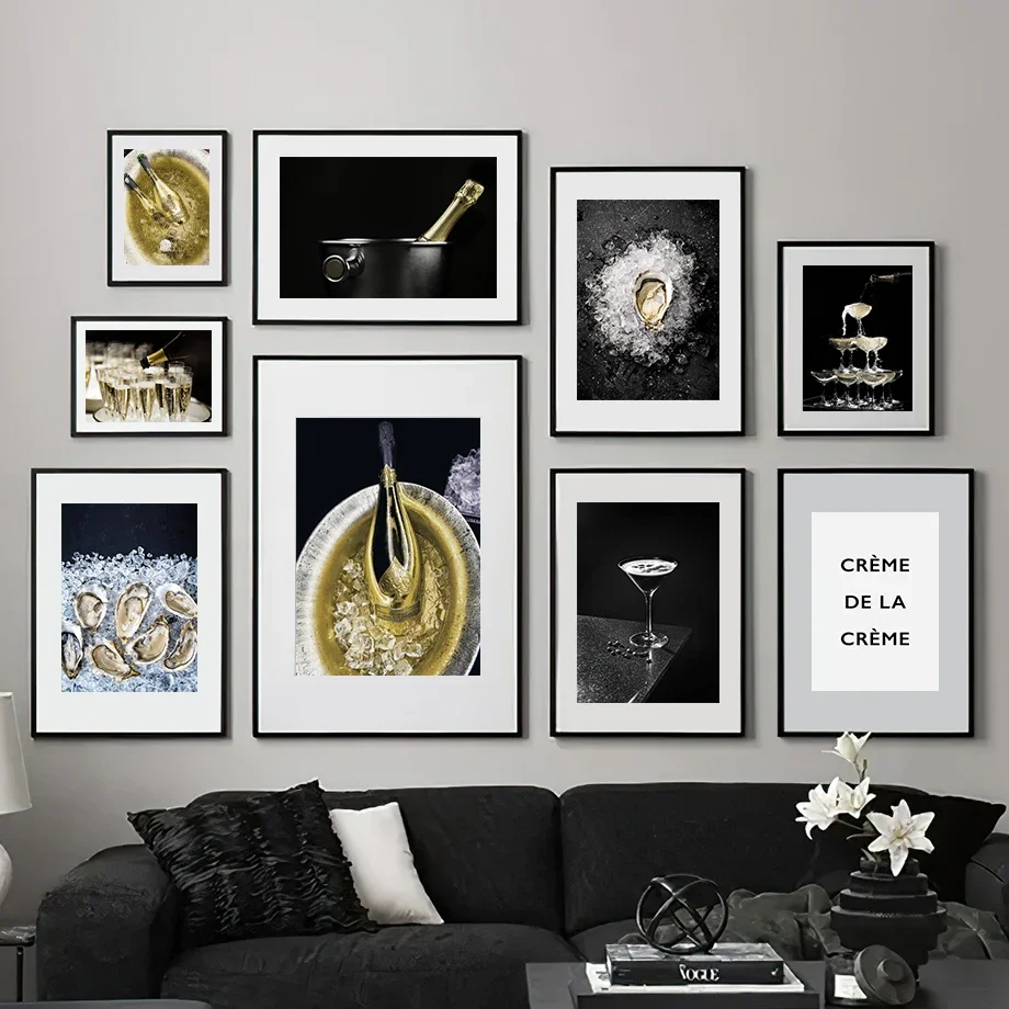 Wall Art Canvas Painting Golden Champagne Armand De Brignac Ostriche Nordic Poster E Stampe Immagini A Parete Per Soggiorno