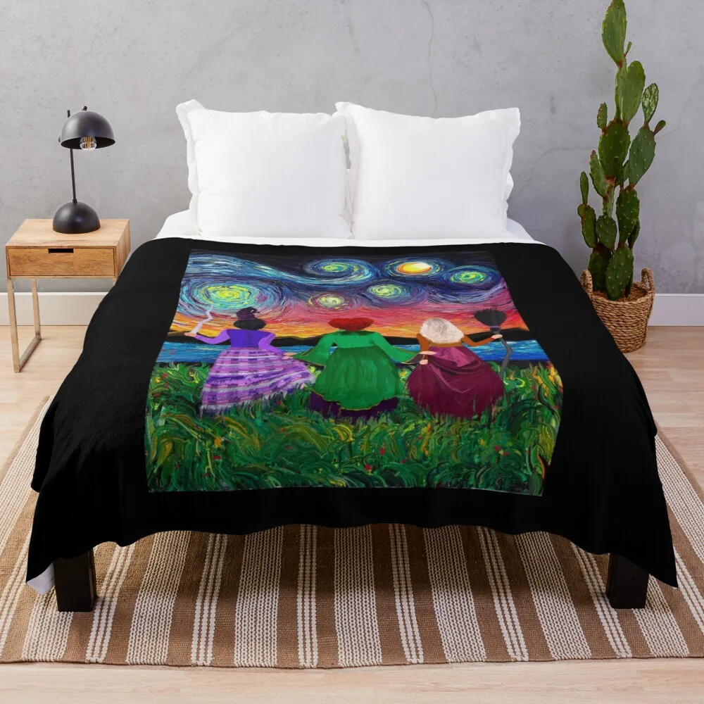 Hocus Pocus Sanderson Sisters In Starry Night Painting Throw Coperta Nap Fluffy Softs Sofa Per Divano Coperte Sottili