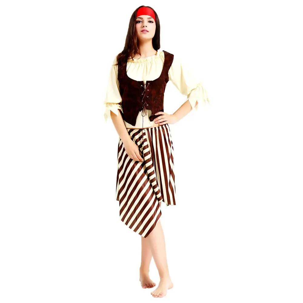 Halloween Pirate Costumes Adult Women Captain Pirate Costume Beige Stripe Fantasia Carnival Cosplay Per Coppia