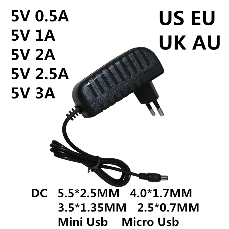 Adattatore Ac / Dc Dc 5 V 0.5A 1A 2A 2.5A 3A Ac 100-240V Adattatore Di Alimentazione Convertitore 5 V Volt 1000Ma Caricabatterie Mini Micro Usb