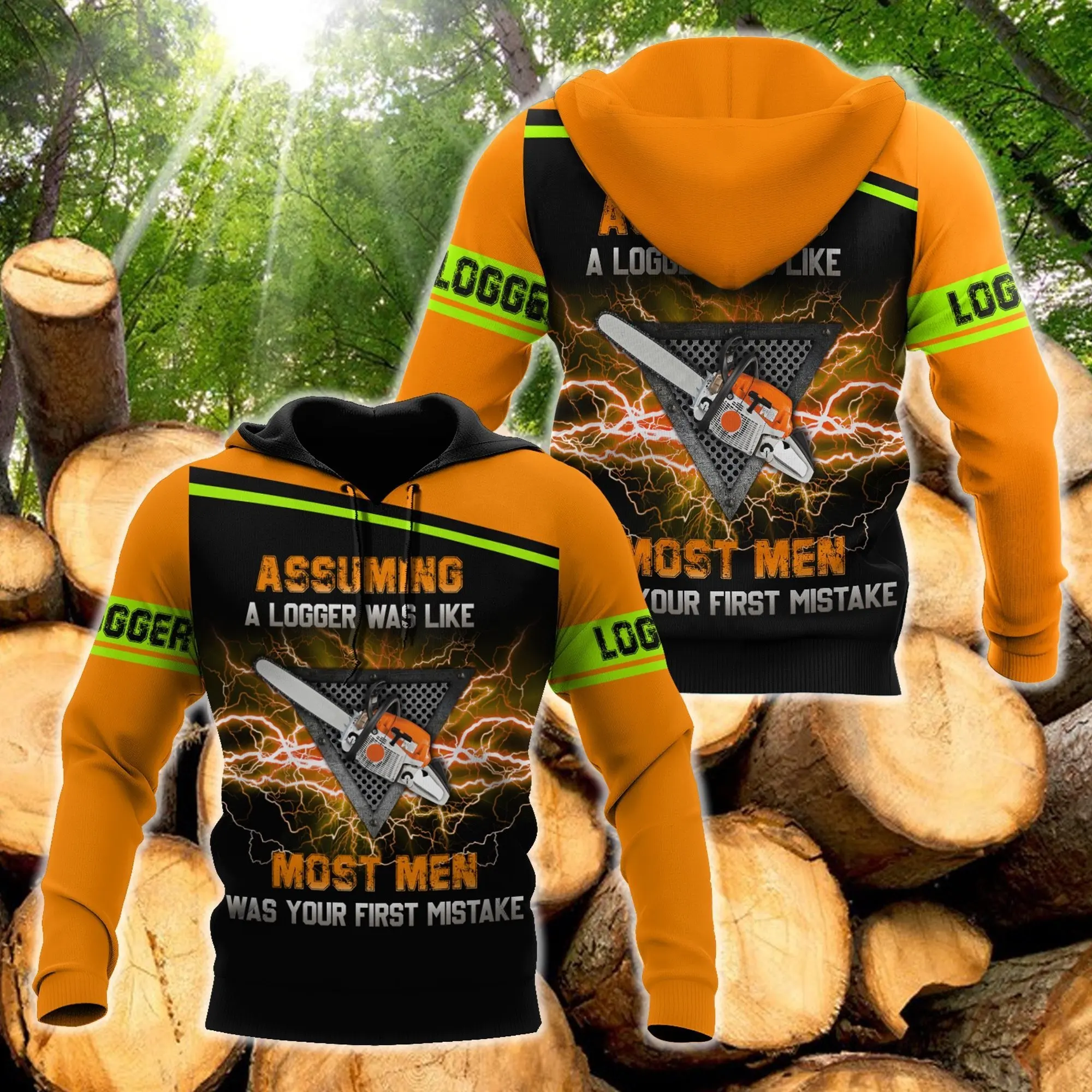 Logger Chainsaw 3D Full Print Jacket Uomo/Donna Harajuku Hoodie Unisex Casual Orange Streetwear Felpa Pullover Sudaderas A12