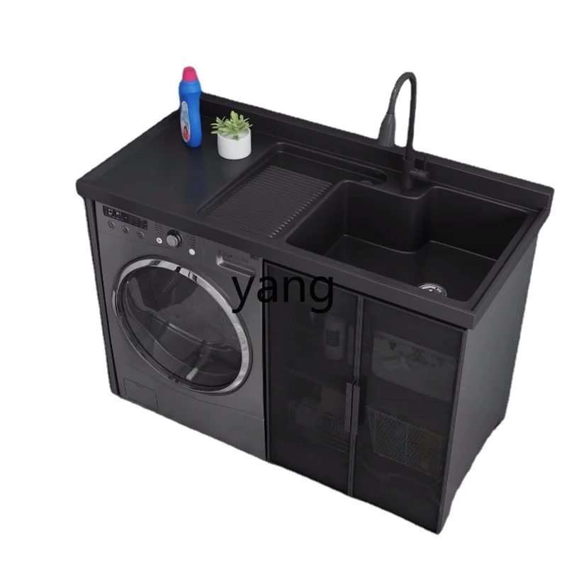 Yjq Black Frame Glass Balcone Lavatrice All-In-One Cabinet Quartz Stone Roller Lavanderia Con Washboard