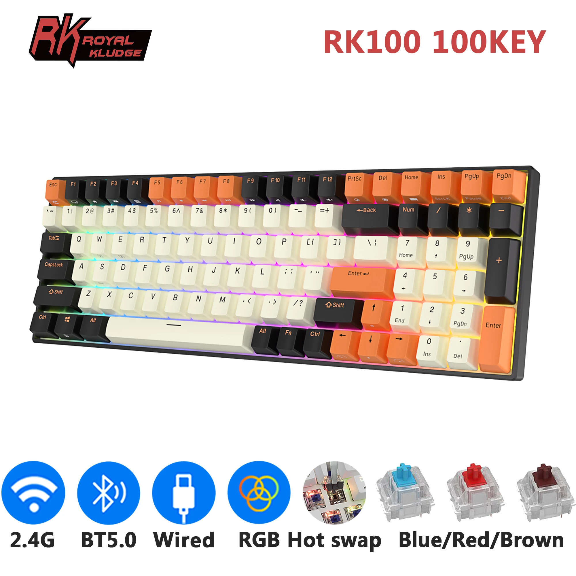 Rk Royal Kludge Rk100 2.4G Tastiera Meccanica Wireless/Bluetooth/Cablata Rgb 100 Tasti Tastiera Da Gioco Russa Intercambiabile A Caldo Gamer