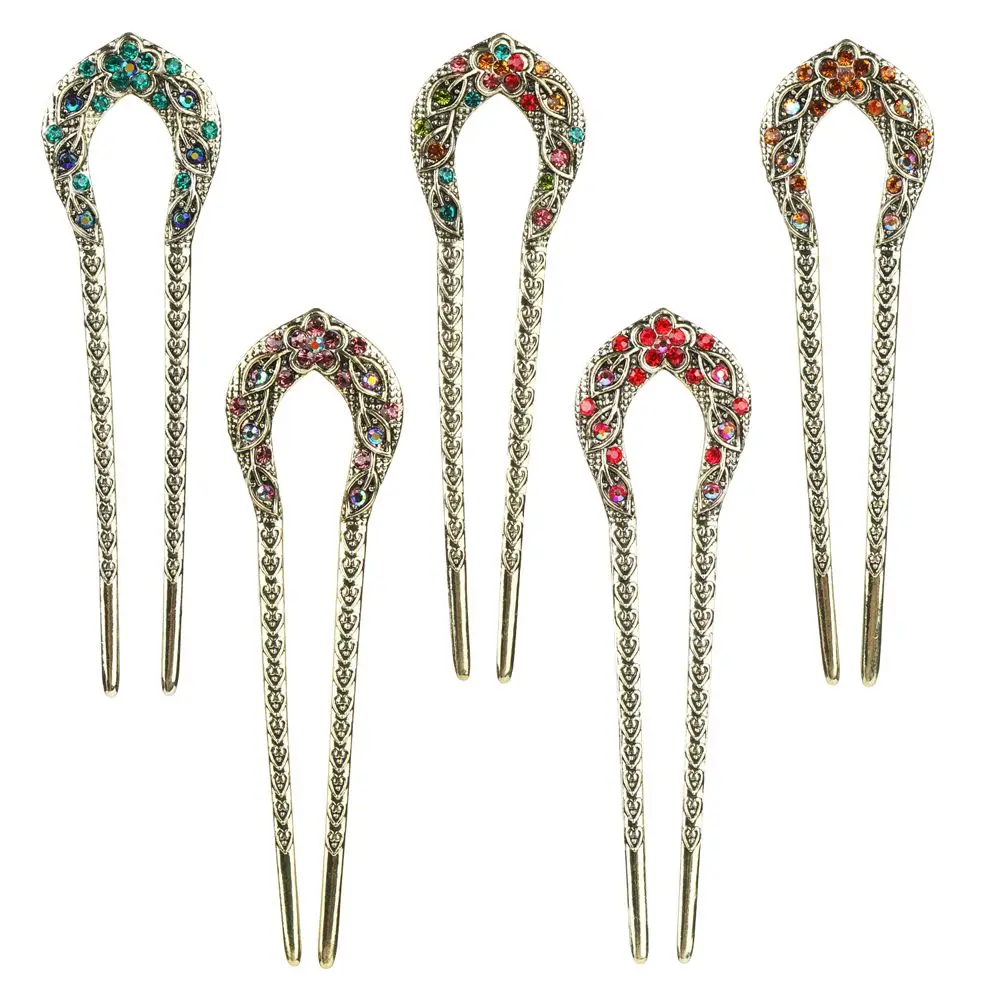 1Pc Vintage A Forma Di U Hair Sticks Crystal Double Prong Hair Pins Copricapo Metallo Bronzo Accessorio Per Acconciatura Bacchette Per Capelli
