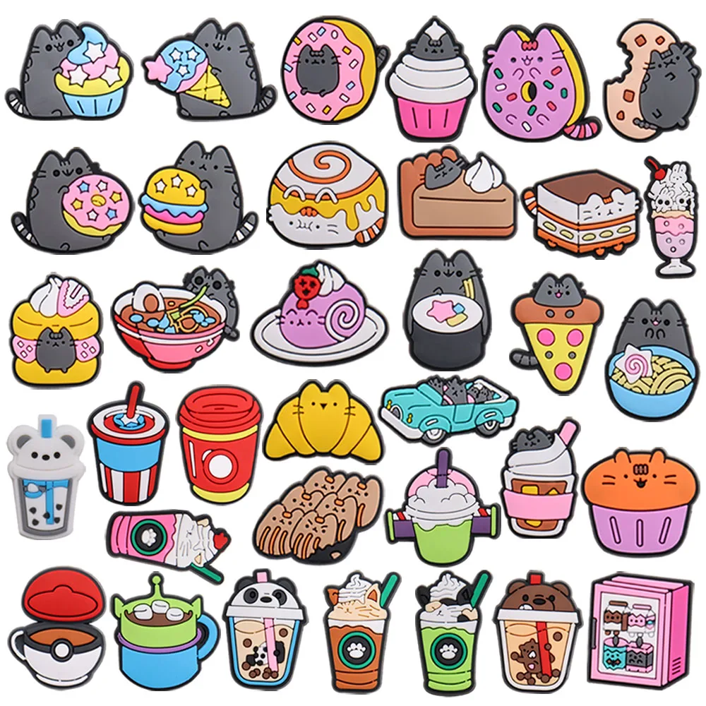 1-35Pcs Ciondoli Per Scarpe In Pvc Lovely Cat Drink Matcha Coffee Milk Tea Buckle Clog Fit Braccialetti Foro Pantofola Decorazione Accessori