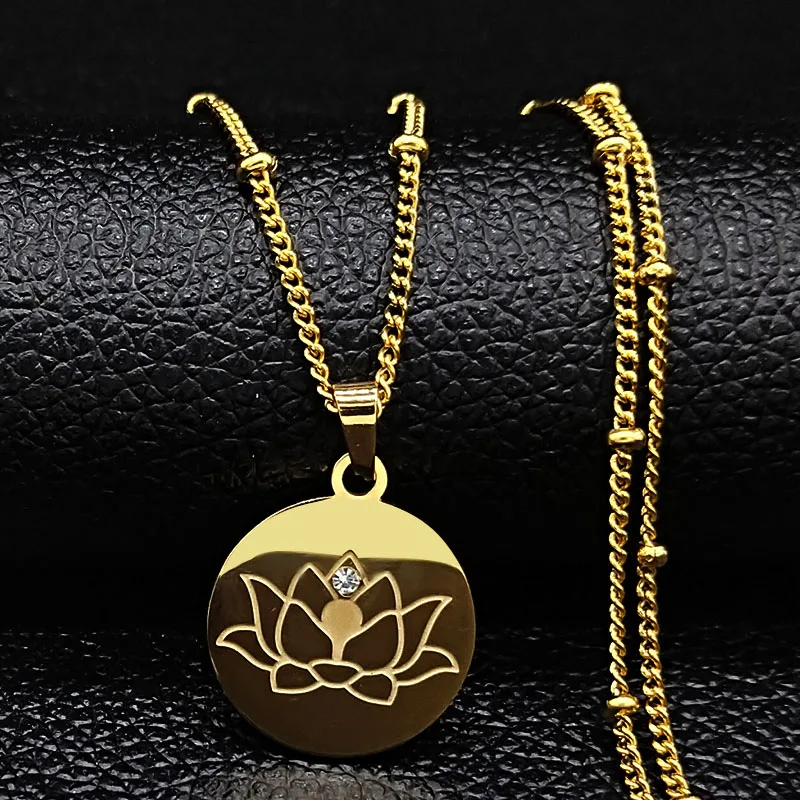 Collana Di Dichiarazione In Acciaio Inossidabile Di Cristallo Di Fiore Di Loto Per Le Donne Gioielli Senza Collo Di Yoga Color Oro Con Perline Cadenas