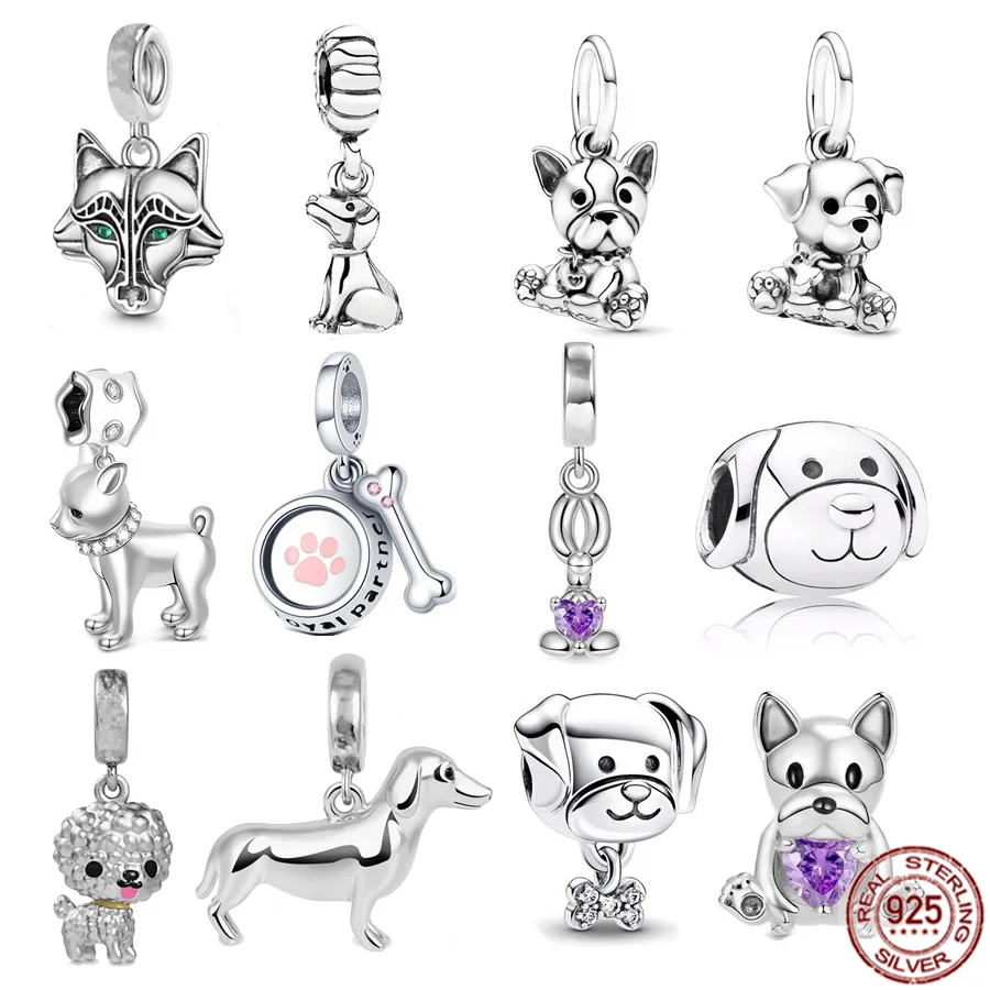 Argento 925 Labrador Bulldog Cucciolo Ciondolo Abbraccio A Forma Di Cuore Gemma Charm Bead Fit Originale Pandora Bracciale Collana Gioielli Fai Da Te