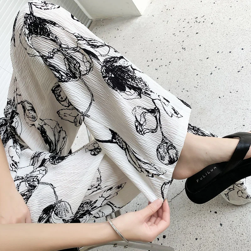 New Pleated Ice Silk Cool Long Pants Female Summer Ink Painting Wide Leg Pants Thin Straight Loose Women Trousers