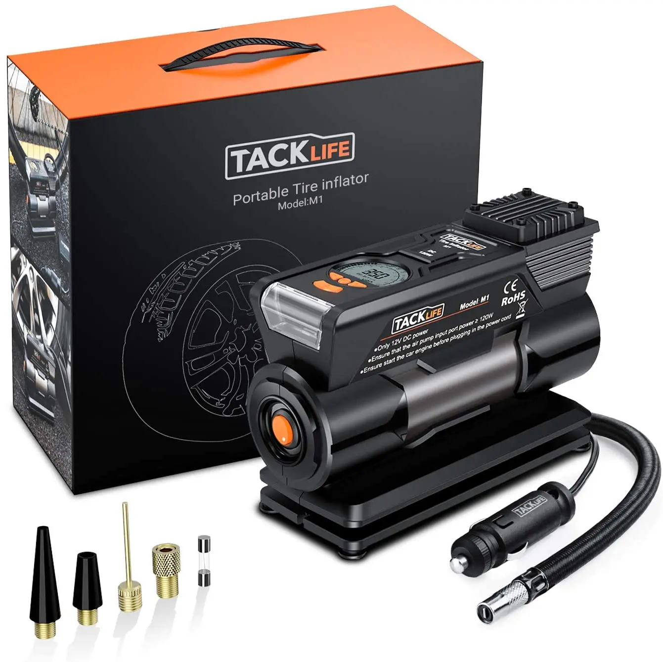 Compressore D'Aria Per Auto Tacklife M1, Gonfiatore Digitale 40L/Min, Compressore D'Aria A Basso Rumore 12V 150Psi, Pompa Elettrica Con Manometro, Dis