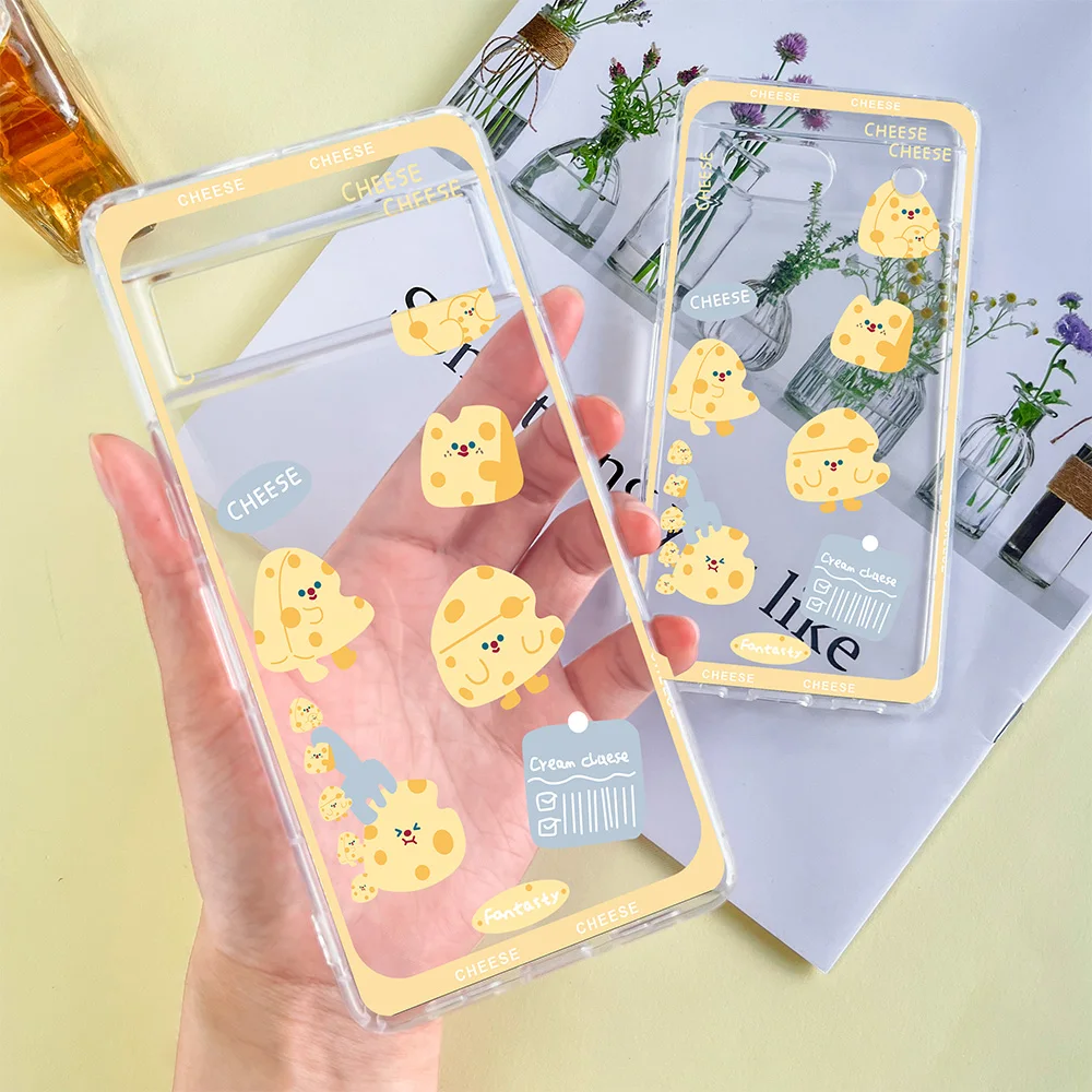 Custodia Per Telefono Trasparente Di Lusso Per Google Pixel 7A 7Pro 7 Soft Silicone Coque Per Pixel 6A 6 6Pro 8 Pro Cartoon Cheese Fundas