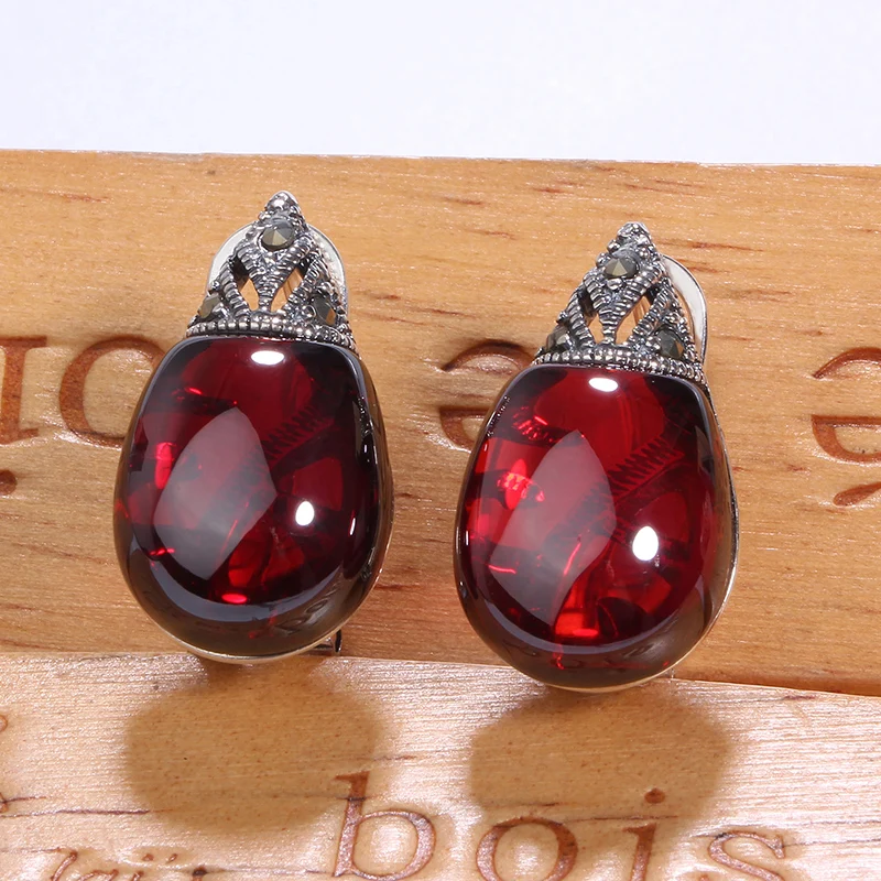 Zhjiashun Vintage Garnet 100% Sterling 925 Argento Orecchini A Clip Per Le Donne Retro Pietre Preziose Calcedonio Orecchini Con Perno Gioielleria Raff