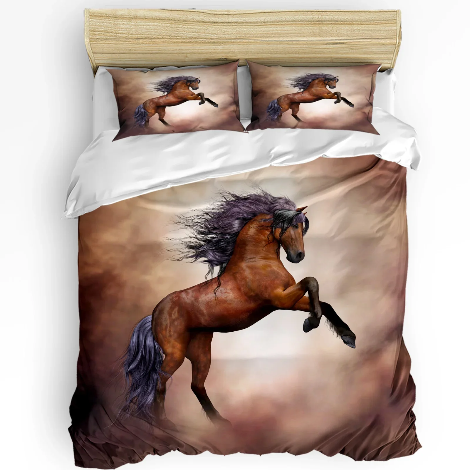 Running Galloping Horse Brown Animal 3Pcs Bedding Set For Bedroom Double Bed Home Textile Duvet Cover Quilt Cover Pillowcase