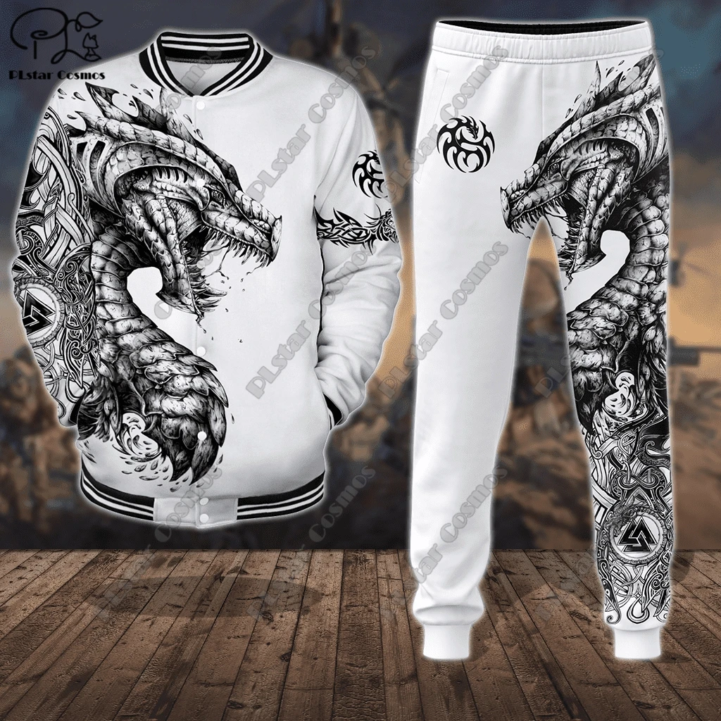 Giacca Da Baseball Combinata + Pantaloni Da Pista Black King Dragon Lion 3D Pattern Design Aviator Full Snap Button Jacket Unisex
