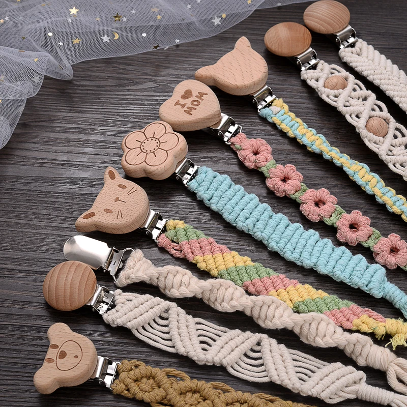 Baby Beech Wood Pacifier Clip Handmade Crochet Cotton Rope Nipple Chain For Baby Nursing Chew Toy Shower Gift Soother Chain