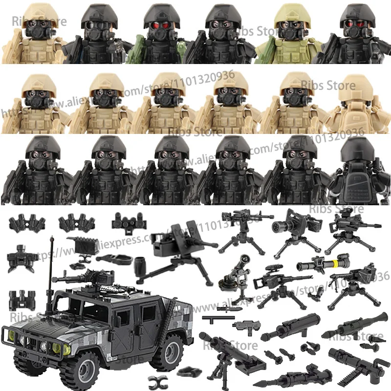 Moc Modern Special Forces Military Car Building Blocks Us Seal Swat Figure Accessori Per Armi Zaino Per Pistola Airdrop Bag Toys D382