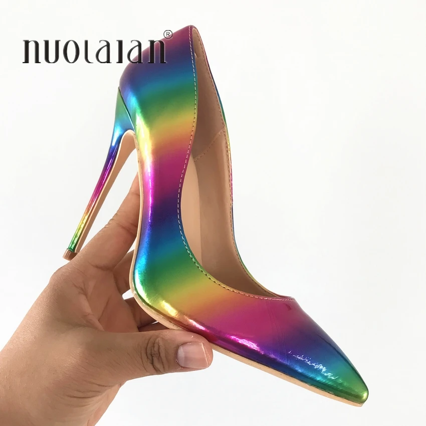 2019 Donne Di Modo Di Marca Scarpe Arcobaleno Stampato Scarpe Da Donna In Pelle Tacchi A Spillo Sexy Tacchi Alti 8 10 12 Centimetri Punta A Punta Pomp