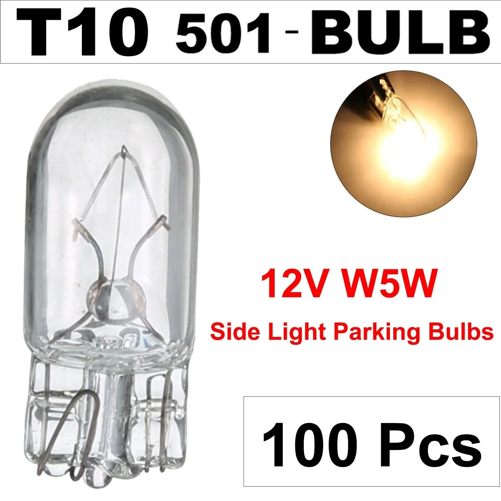 T10 501 Lampadine 12V 5W Sidelight Capless Targa W5W Lampadina Alogena Per Auto (X 100)