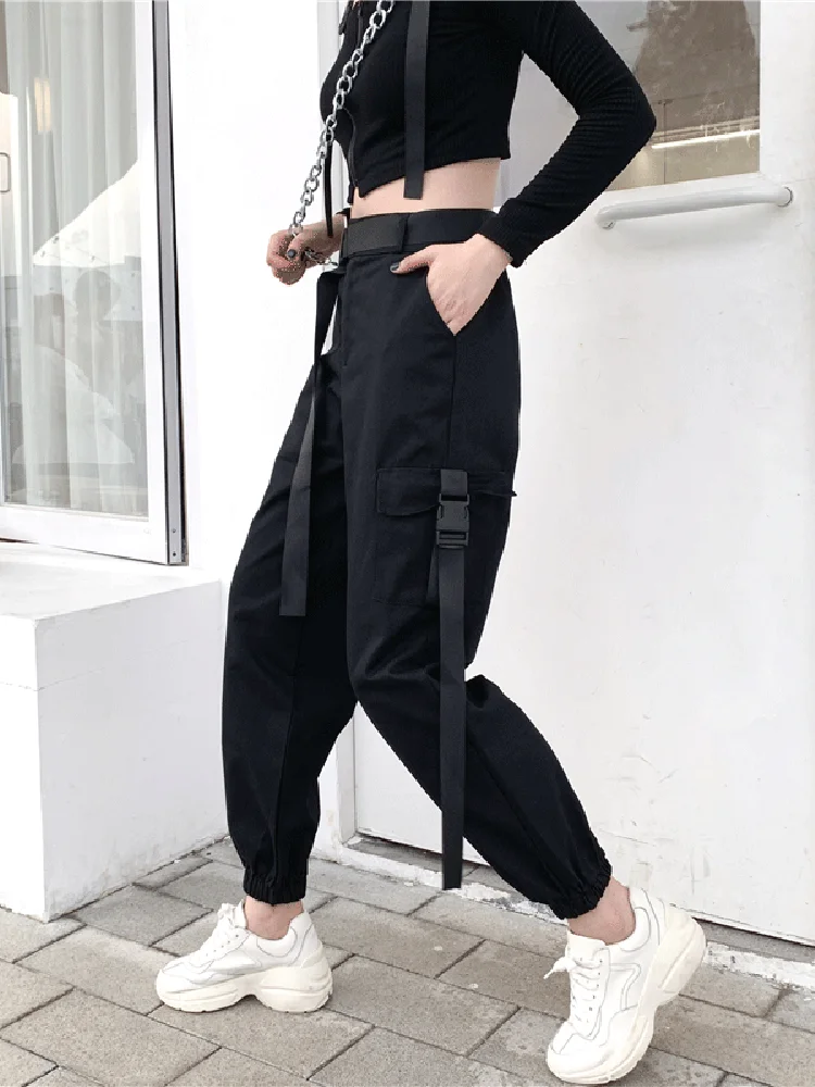 Casual 100% Cotton Pants Women High Waist Cargo Pants Pockets Free Belt Baggy Trouser Harajuku Streetwear