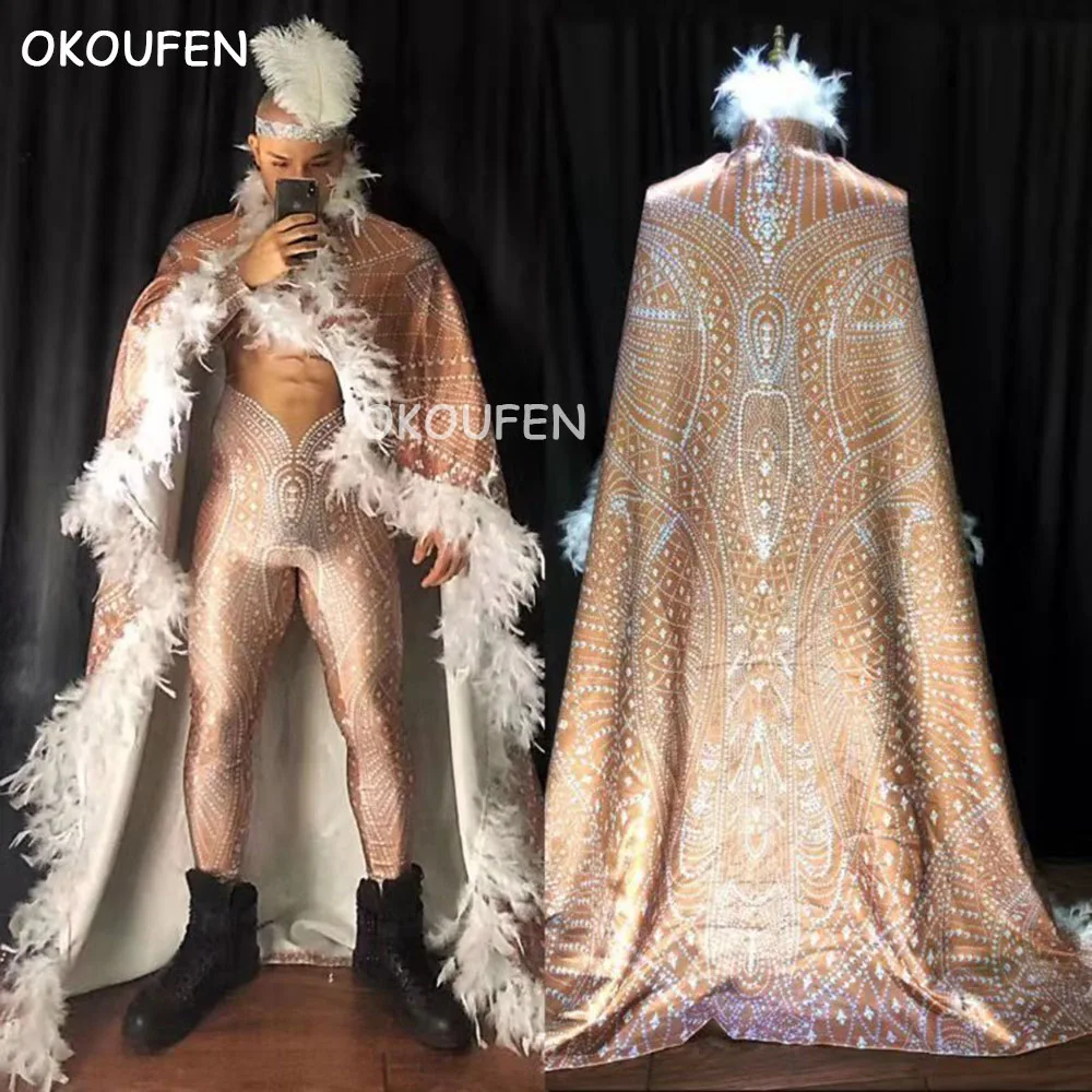 Bar Ds Nightclub Feather Simulation Fake Muscle One Piece Tailing Suit White Christmas Costume Sexy