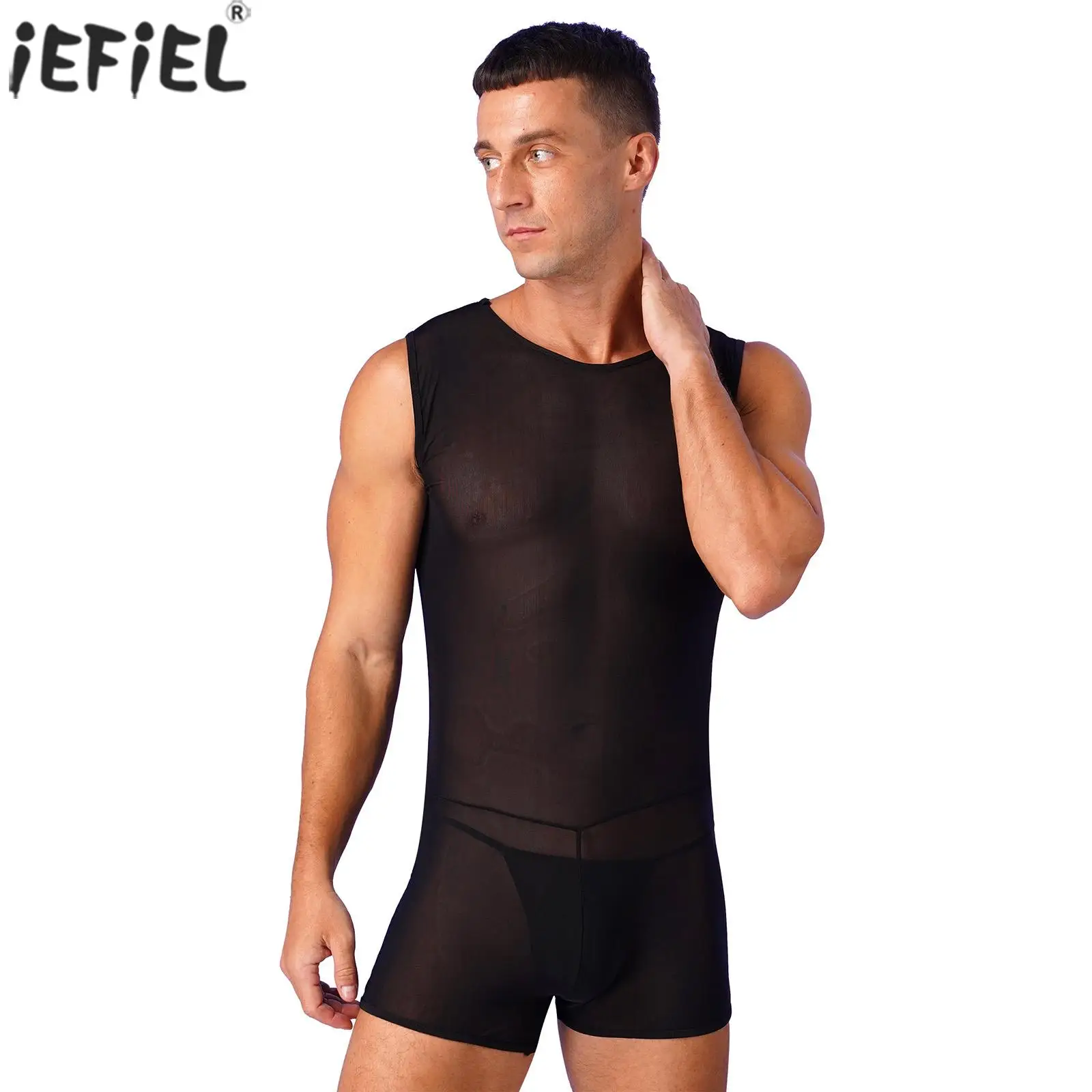Mens See-Through Mesh Body Underwear Sheer Thongs Pantaloncini Senza Maniche Canotta Tuta Muscolare Che Mostra Allettante Lingerie Suit