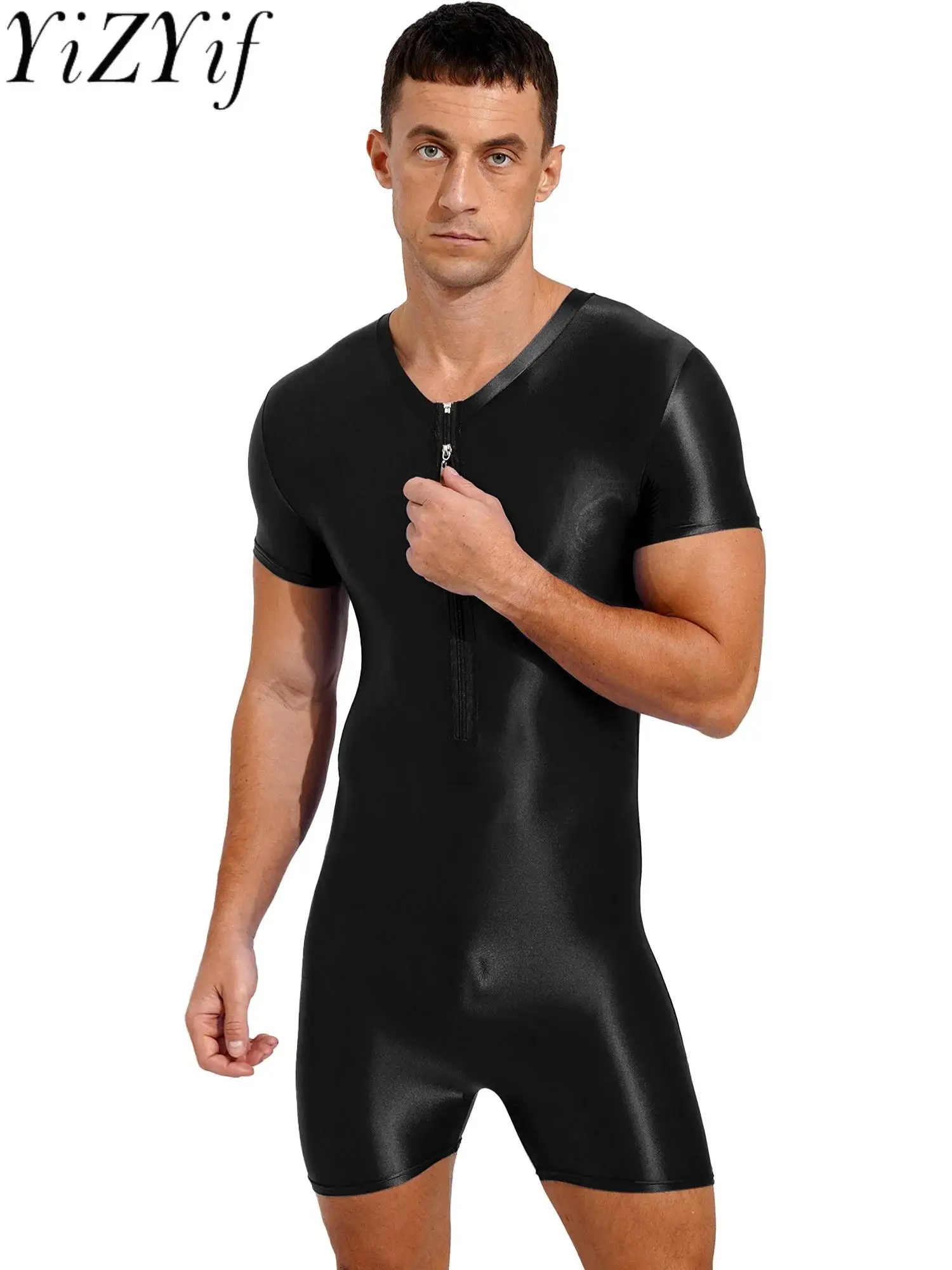 Uomo Lucido Manica Corta Boyleg Costume Intero Doppia Cerniera Tuta Sportiva Tuta Per Il Nuoto Palestra Allenamento Bodybuilding