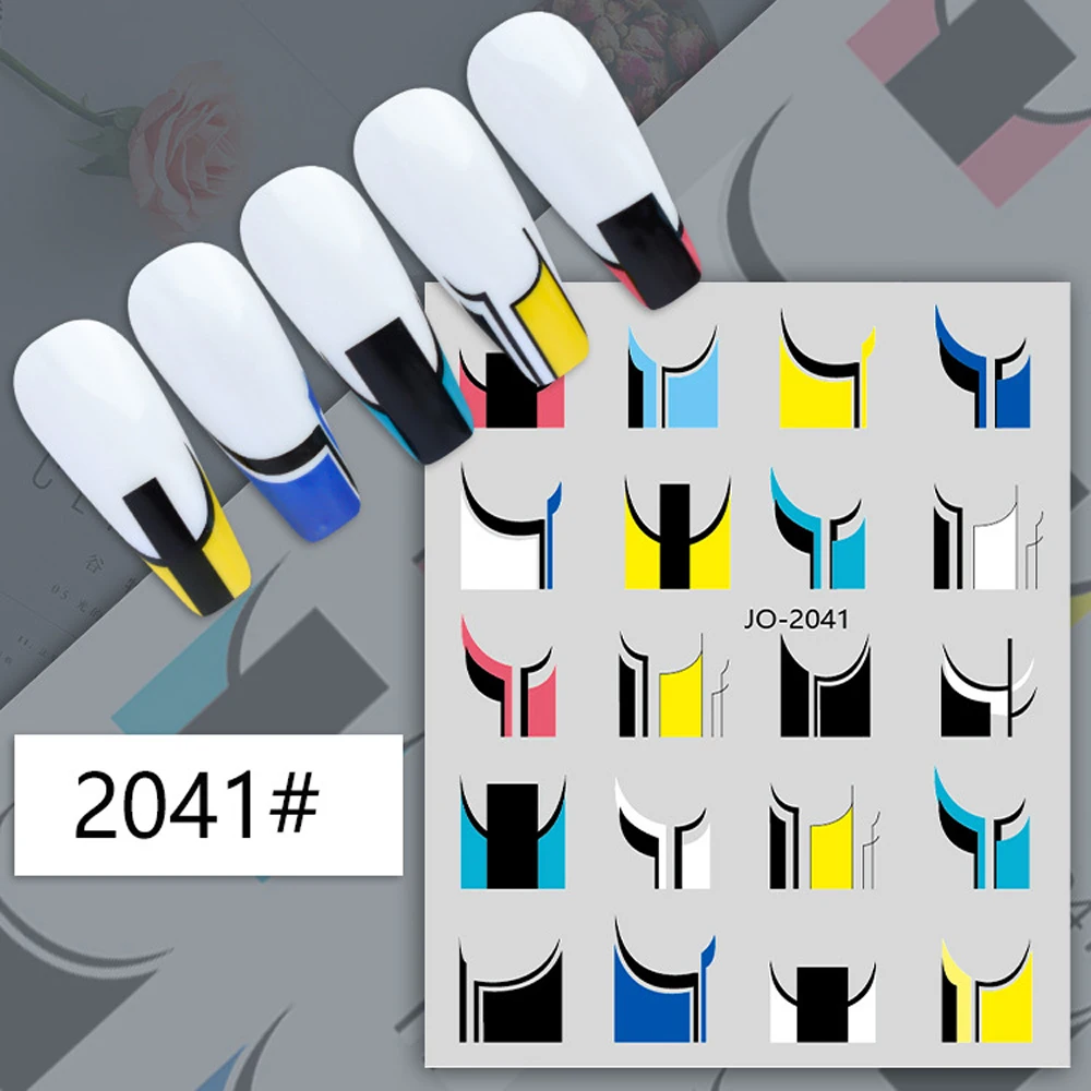 10Pcs Wave Geometric Nail Art Stickers Colorful Black And White Nail Art Decalcomania Decorativa 3D Backed Glue Gold Line Nail Slider