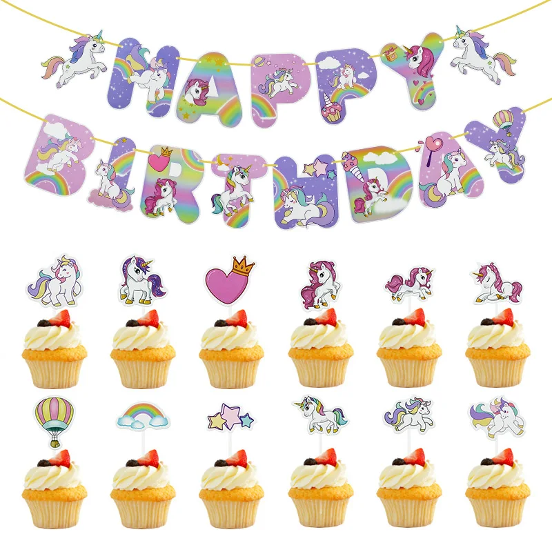 Rainbow Unicorn Party Decoration Cake Topper Happy Birthday Banner Unicorn Theme Girls Birthday Party Decor Forniture Per Baby Shower