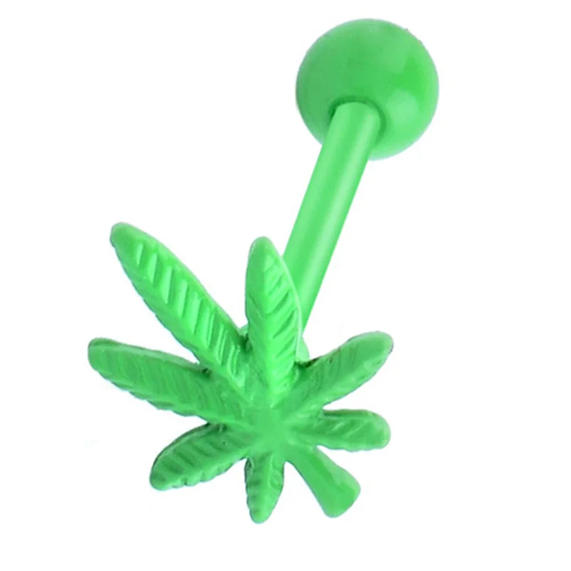 1 Pz Verde Foglia D'Acero Pancia Lingua Anello Foglie Di Chiodo Erbaccia Lingua Piercing Gioielli Acciaio Chirurgico Bilanciere Linguale Stud Piercing