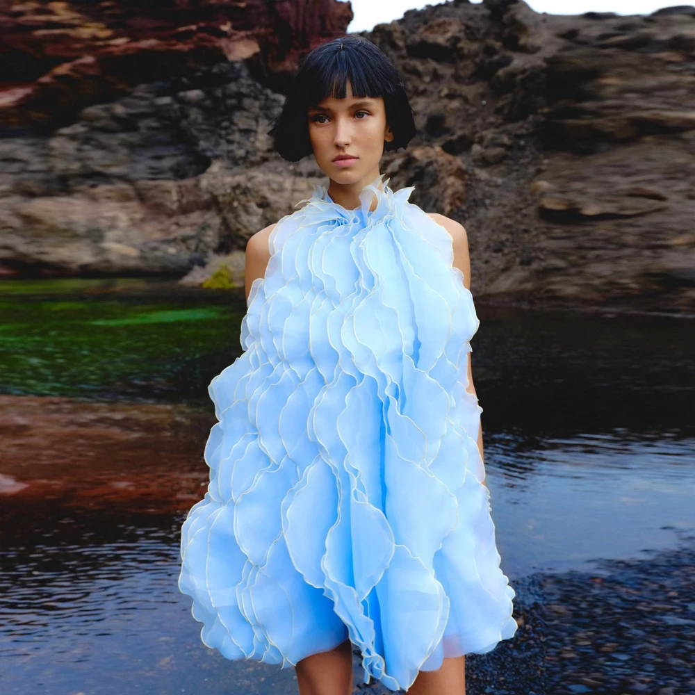 Fashion Sky Blue Ruffles Organza Short Women Maxi Dresses To Engagement Party Sexy Halter Backless Mini Dress