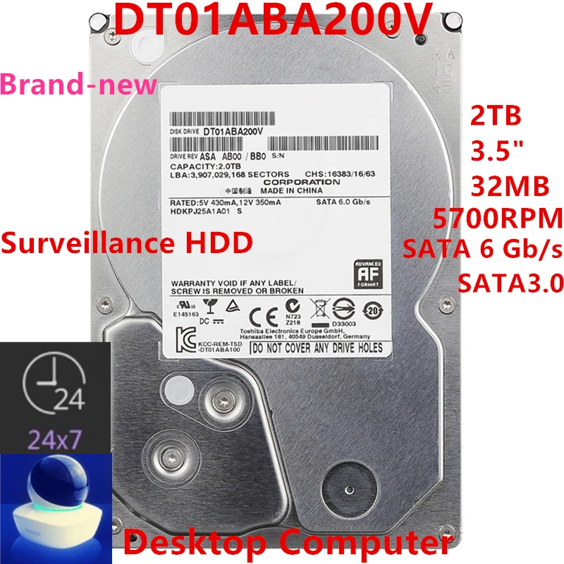 Nuovo Hdd Originale Per Toshiba 2Tb 3.5 "Sata 6 Gb/S 32Mb 7200Rpm Per Hdd Interno Per Dvr Nvr Hdd Di Sorveglianza Per Dt01Opa200V