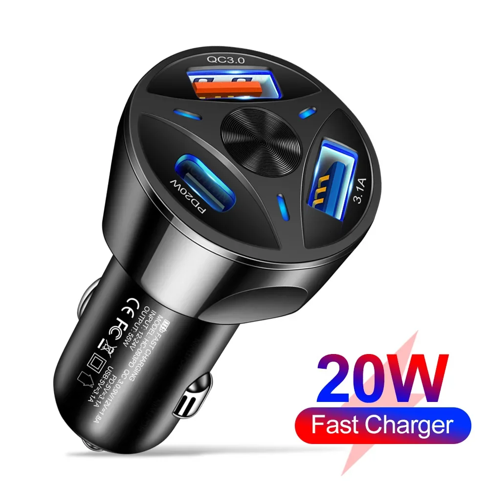One Tow Three Qc3.0 Usb + 20W Type-C Ricarica Rapida Per Auto Ricarica Flash Accendisigari Con Testa Di Ricarica Rapida Per Auto Multiporta