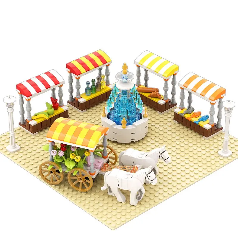Moc Blocchi Di Costruzione Medievale Piazza Della Città Booth Negozio Galleggiante Piscina Fontana Street View Giocattoli Per I Regali Per Bambini