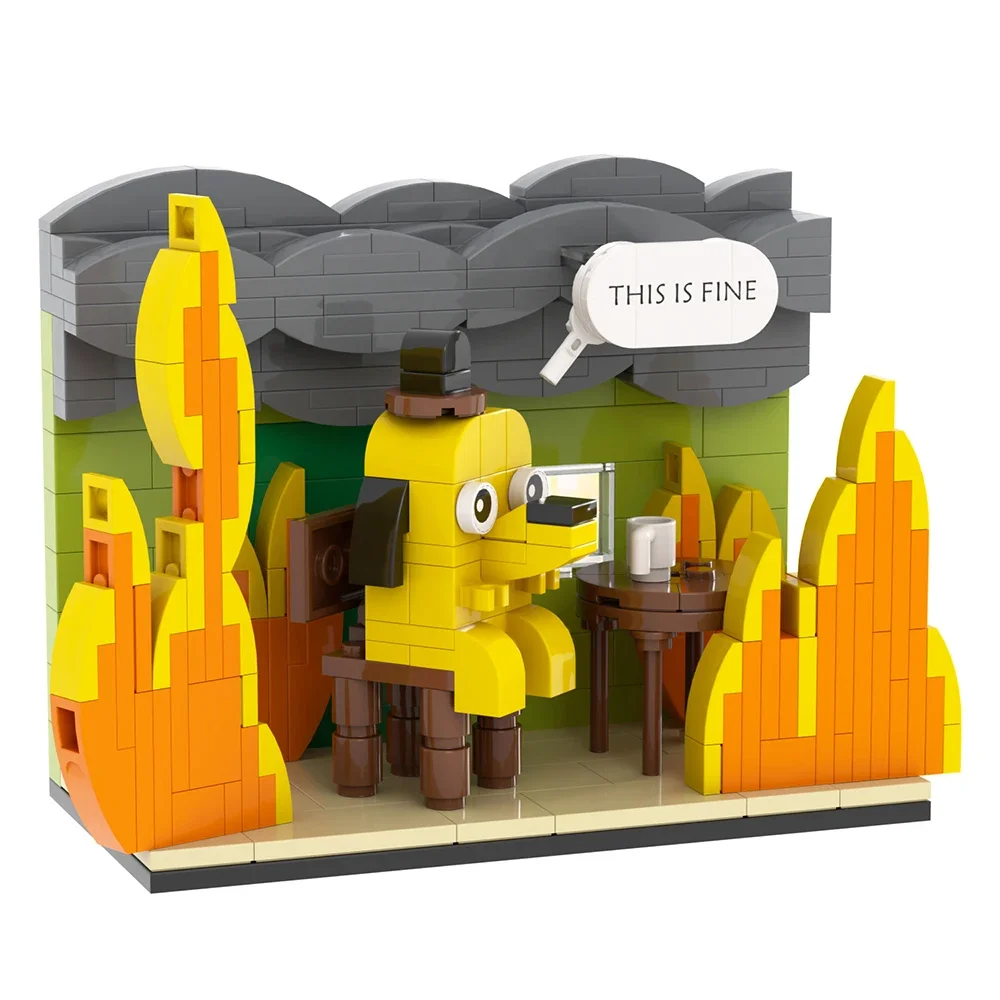 Moc This Is Fine Dog Building Block Kit Cartoon Fire Meme Bolette Hound Dog Animal Brick Model Toy For Children Gifts