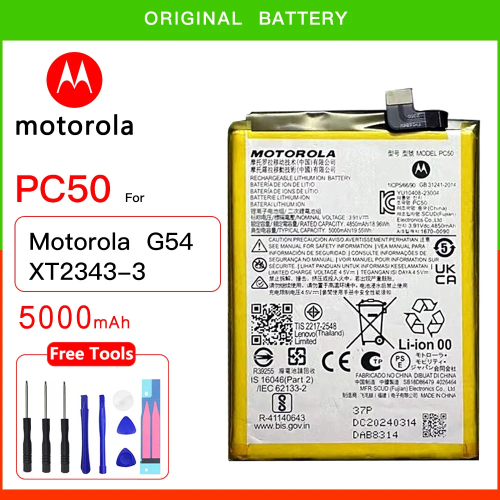 100% Originale Motorola 5000Mah Pc50 Batteria Di Ricambio Per Motorola G54 Xt2343-3 Pc 50 Batterie Batteria + Kit Gratuito Strumenti
