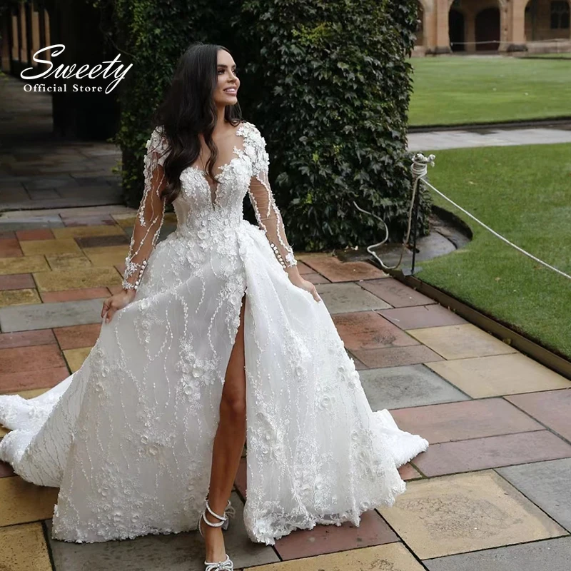 Simplicity Shining Brautkleid Organza Con 30D Chiffon Princess Ball Gown O-Collo Manica Intera Eleganti Abiti Da Sposa Robes De Mari